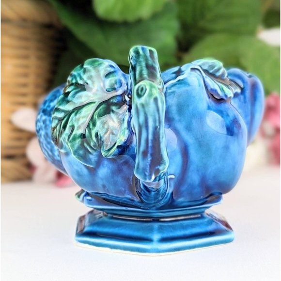 Indigo Blue Ceramic Footed Creamer Pitcher Embossed Fruit Grapes Leaves Inarco - Picture 3 of 8